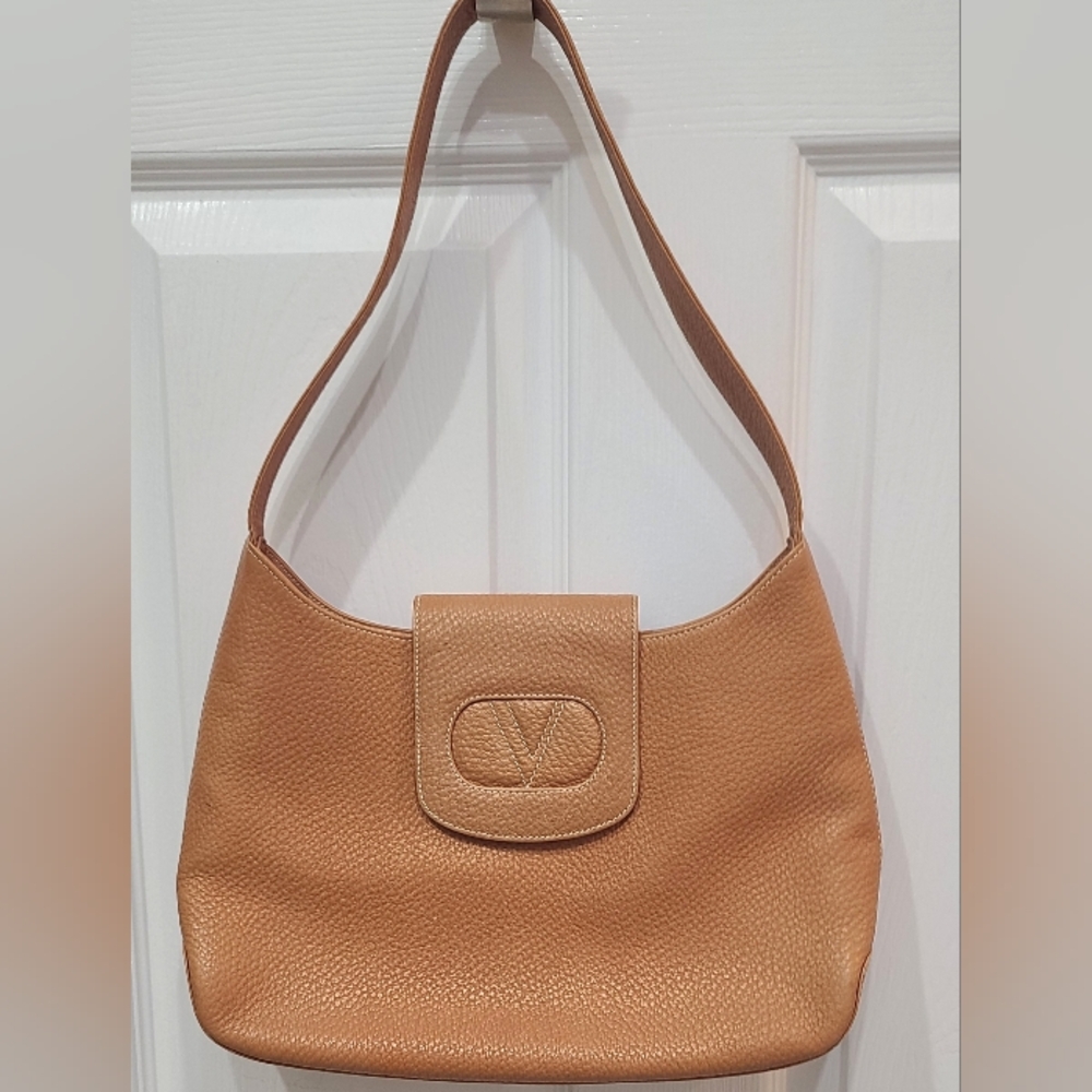 Vintage Valentino Garavani Camel Brown V Flap Leather Shoulder Bag